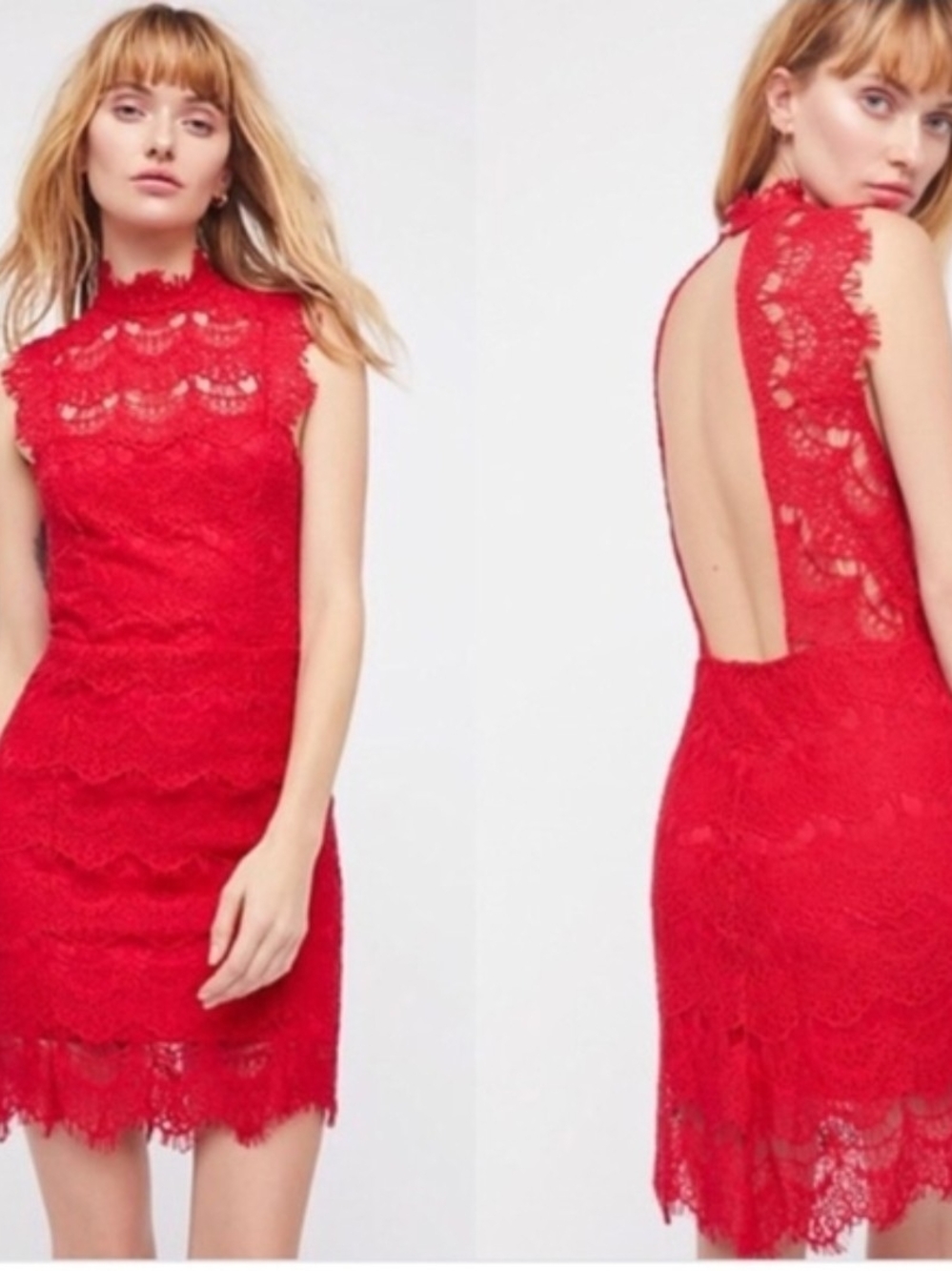 Sleeveless Red Lace Backless High-Neck Dress